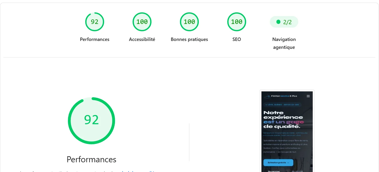 Capture Google Lighthouse de FinitionMarine.ca sur cellulaire : performance 92, accessibilité 100, bonnes pratiques 100, SEO 100 et navigation agentique 2 sur 2